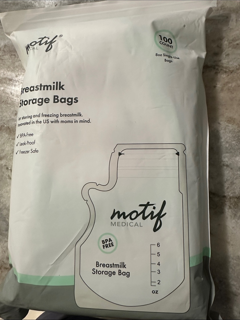 Motif Medical Breastmilk Storage Bags - White & Mint 100 count